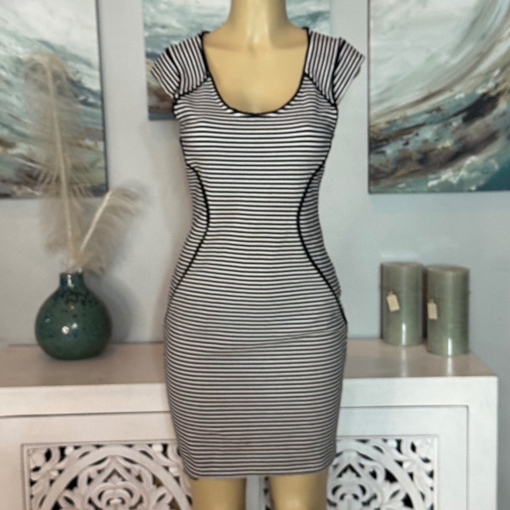 EXPRESS Black & White Striped Bodycon Dress Size 8 Gold Zip
